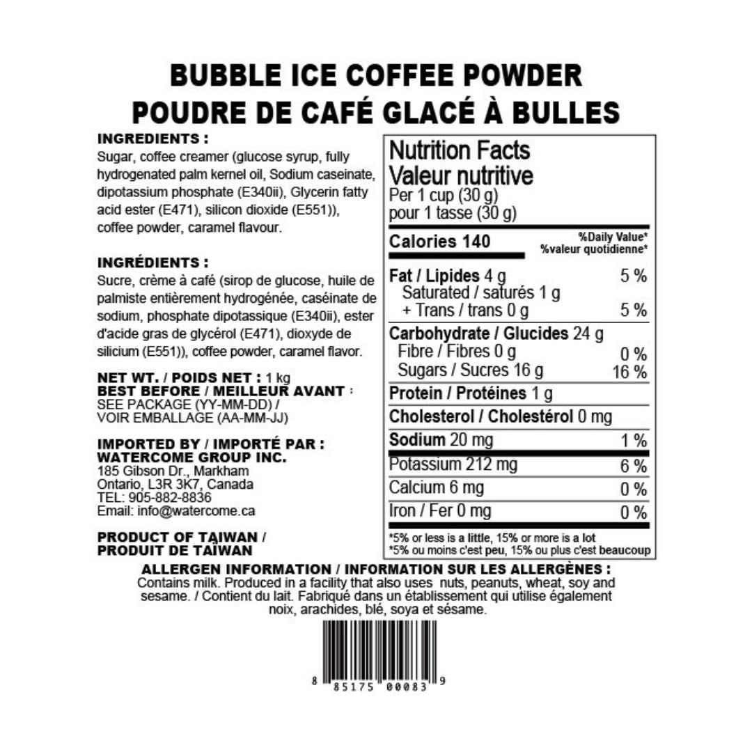 Bubble ice coffee mix ingredients and nutrition facts label for instant coffee powder beverage mix