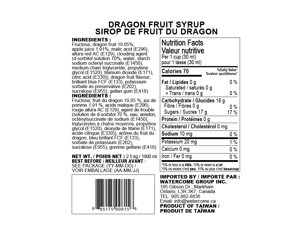 dragon fruit syrup ingredients and nutrition facts label by Watercome