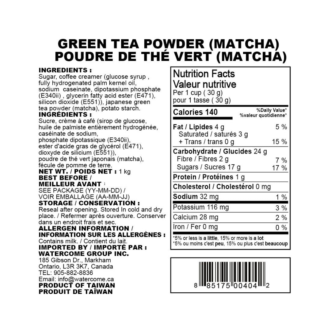 matcha green tea powder ingredients and nutrition facts label showing sugar creamer and matcha powder