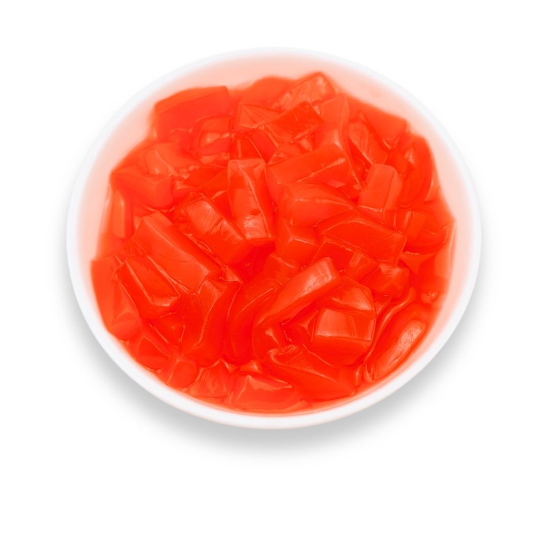 Strawberry-flavored nata de coco coconut jelly topping with chewy texture for beverages, frozen yogurt, shaved ice and desserts