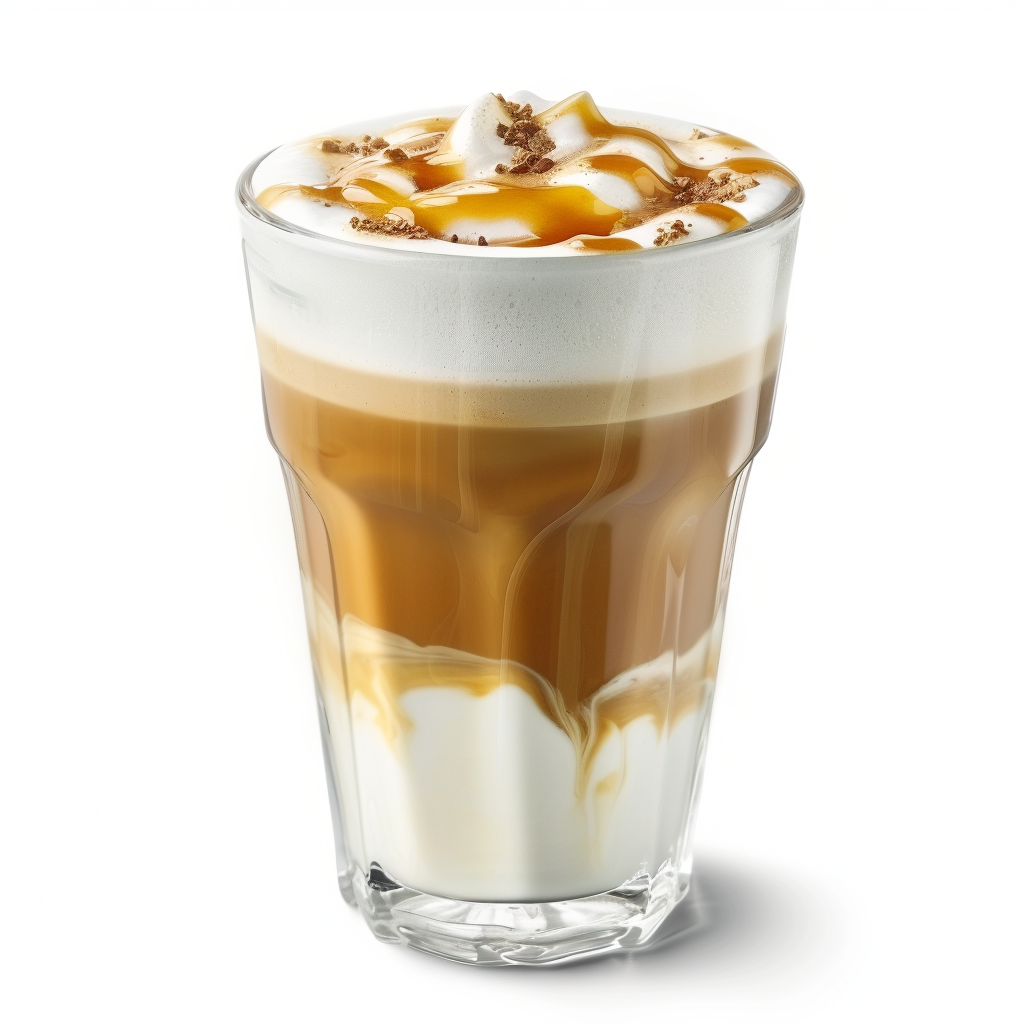 Caramel macchiato layered coffee drink with milk foam and caramel drizzle, creamy café-style beverage