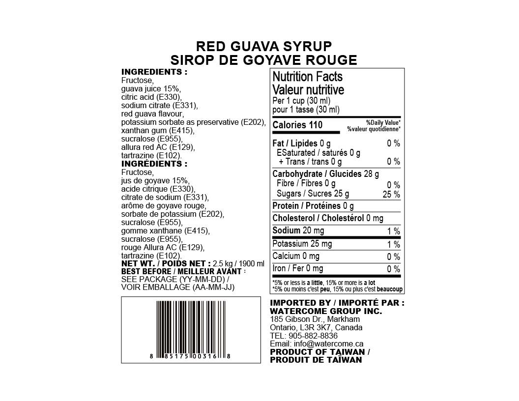 Watercome Red Guava Syrup ingredients nutrition facts and product information for 2.5kg bottle
