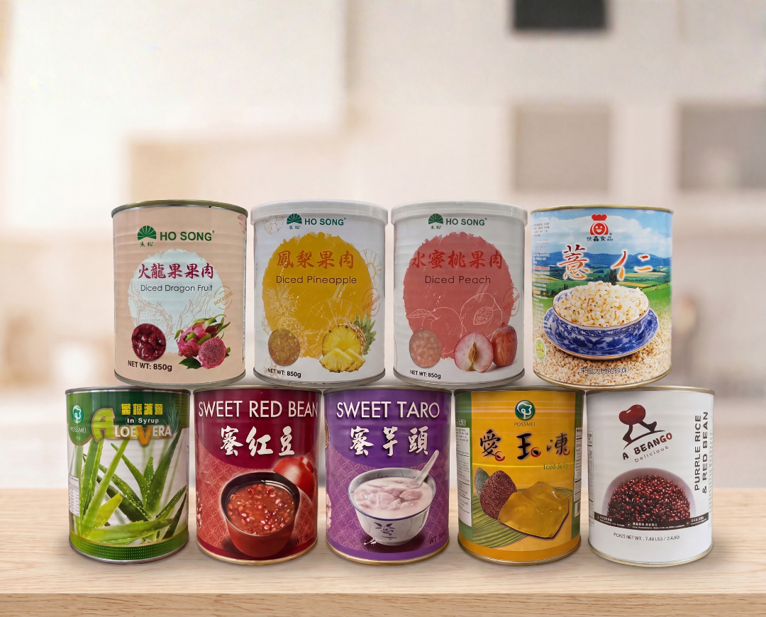 Collection of various canned bubble tea toppings products