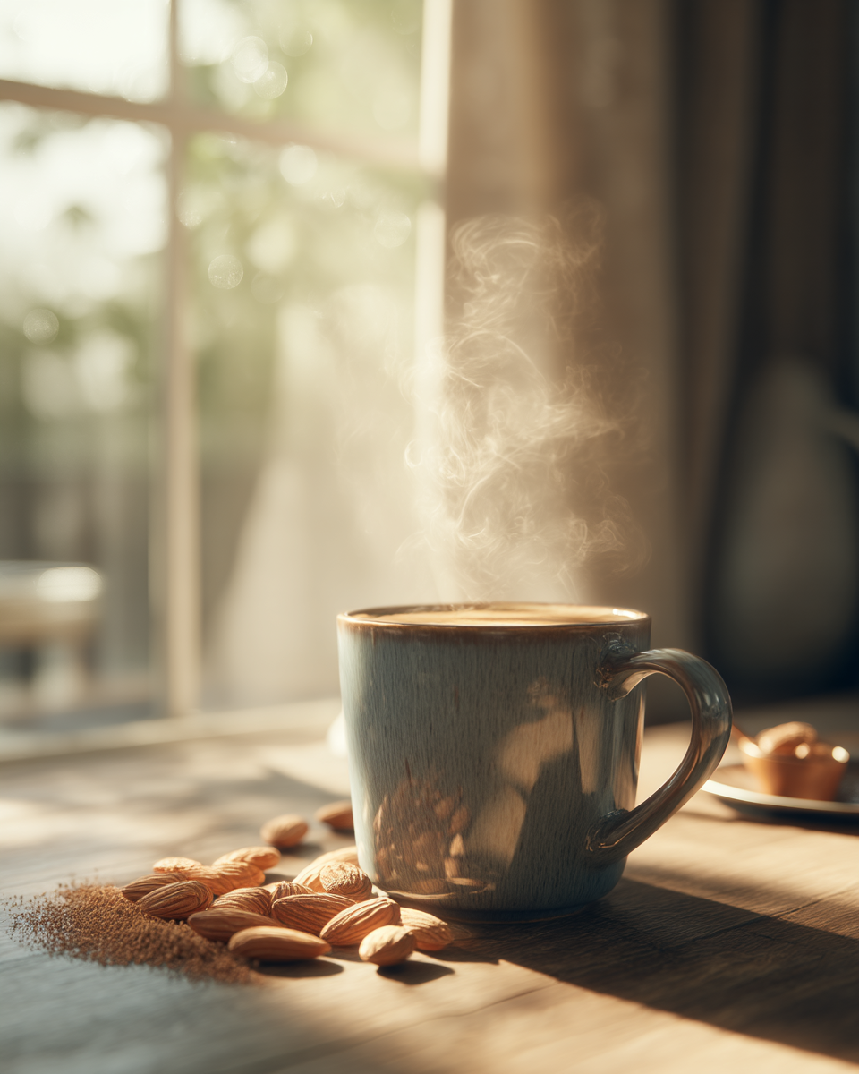 Hot almond latte in a ceramic mug with steam rising, cozy warm beverage made from instant almond powder, perfect for cafés and bubble tea shops