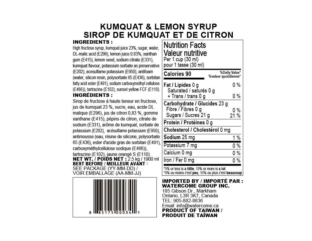 Watercome Kumquat & Lemon Syrup nutrition facts ingredients serving size and product information for beverage and bubble tea applications