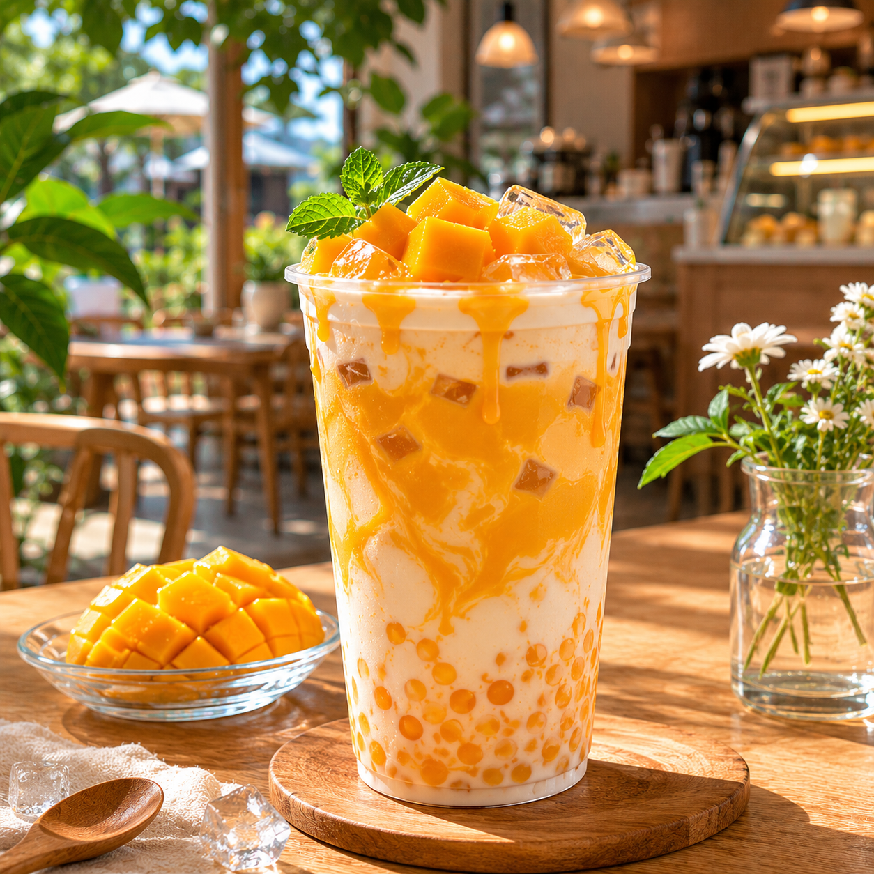 Refreshing mango coconut beverage made with Watercome Mango Puree, fresh mango cubes, coconut milk, and ice, perfect for bubble tea shops, cafés, and dessert menus.