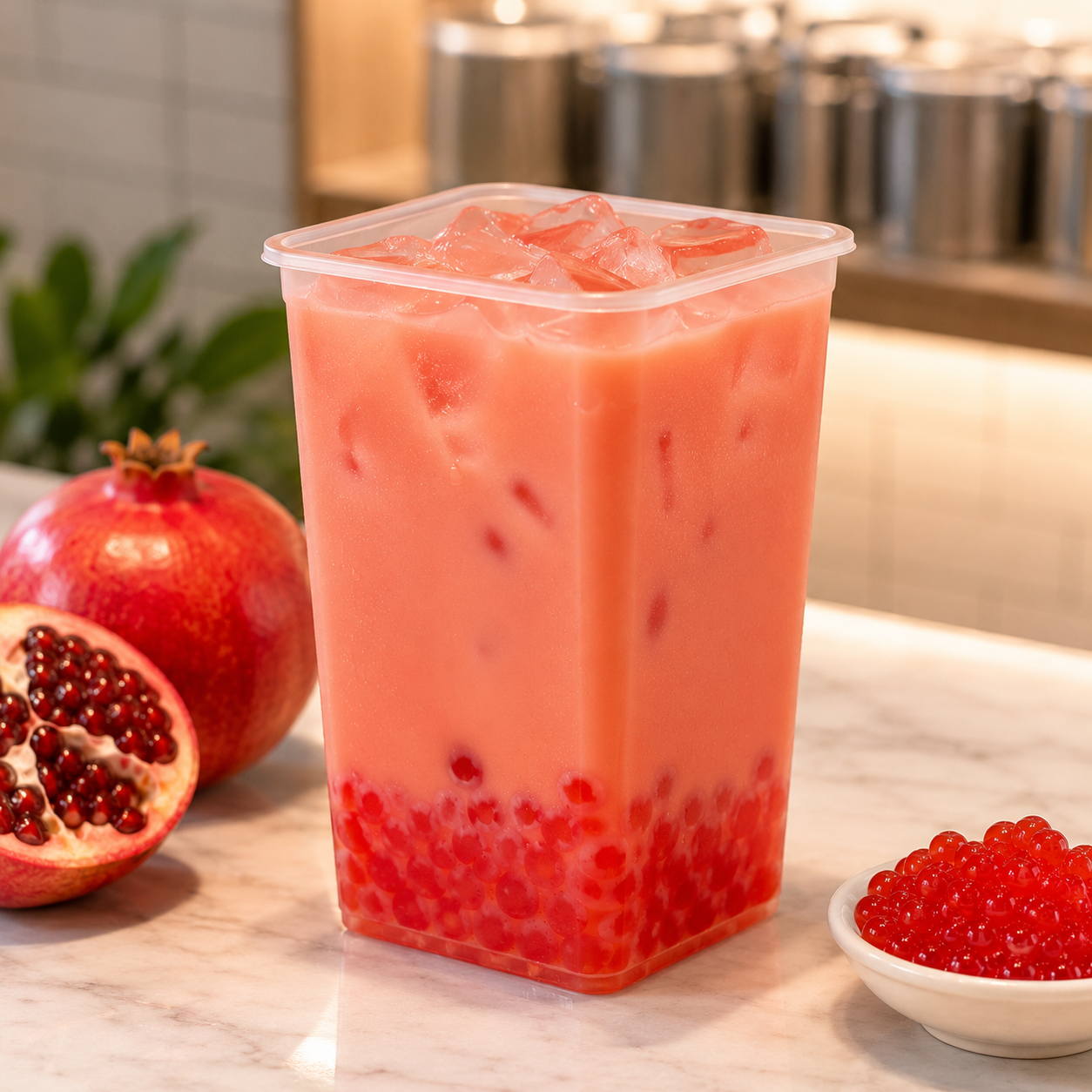 Refreshing pomegranate milk tea topped with Frubo Pomegranate Popping Boba bursting juice pearls