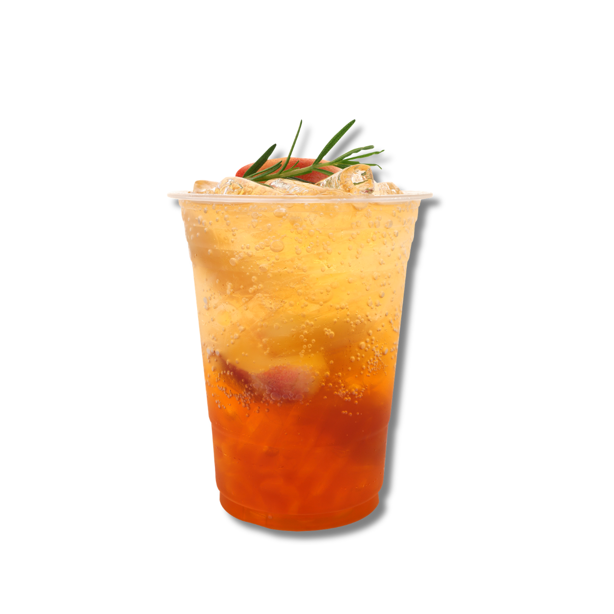 Sparkling peach flavored soda with ice and peach pieces for café and specialty drink menus