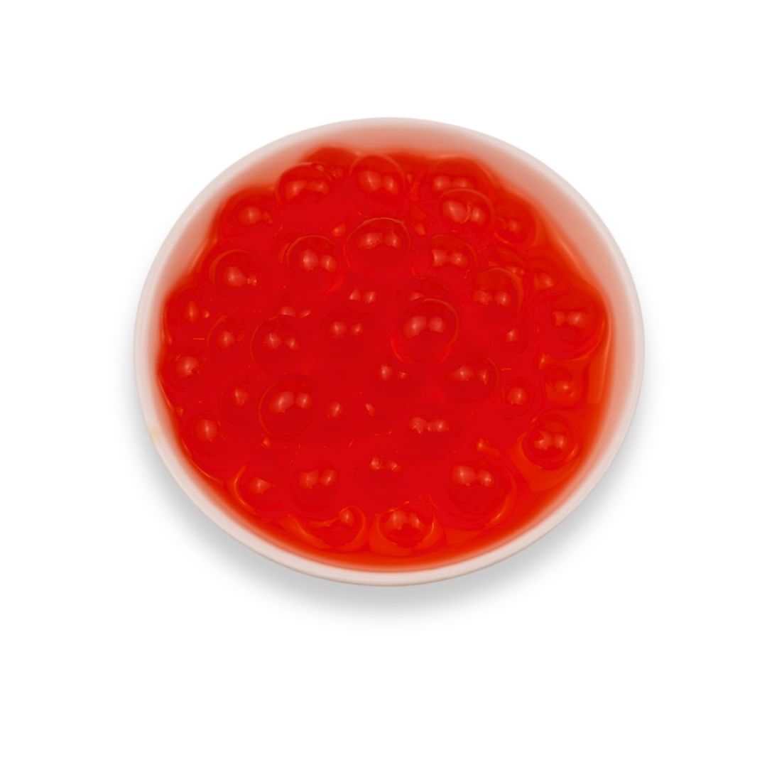 Watercome Strawberry Frubo Popping Boba pearls with juicy bursting centers and vibrant red color, ideal for bubble tea, fruit tea, smoothies, frozen yogurt, and dessert toppings.