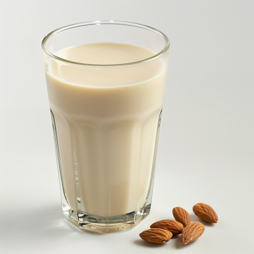 Creamy almond milk drink in a clear glass, smooth texture with whole almonds beside it, showcasing rich nutty flavor almond powder beverage