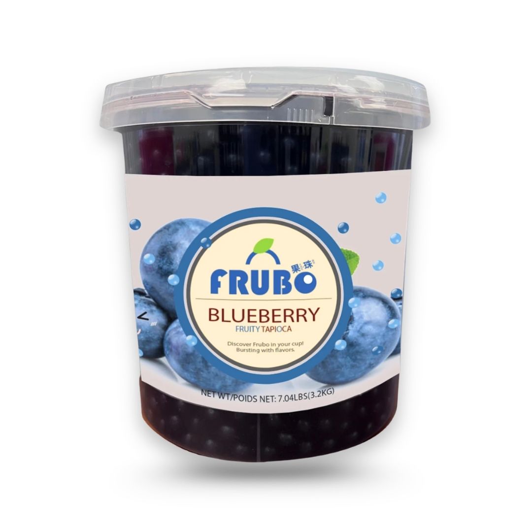 Watercome Blueberry Frubo Popping Boba in a 3.2kg bottle, ready-to-use juice-filled bursting pearls with sweet-tart blueberry flavor for bubble tea, fruit tea, smoothies, frozen yogurt, and desserts.