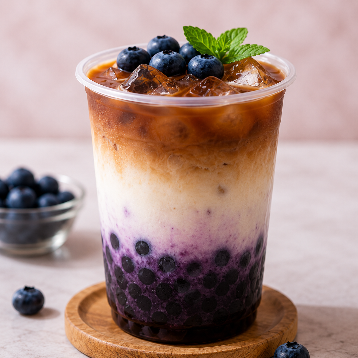 Refreshing blueberry iced latte with Blueberry Frubo Popping Boba, fresh blueberries, and juicy bursting pearls, ideal for cafés, bubble tea shops, and specialty beverages.