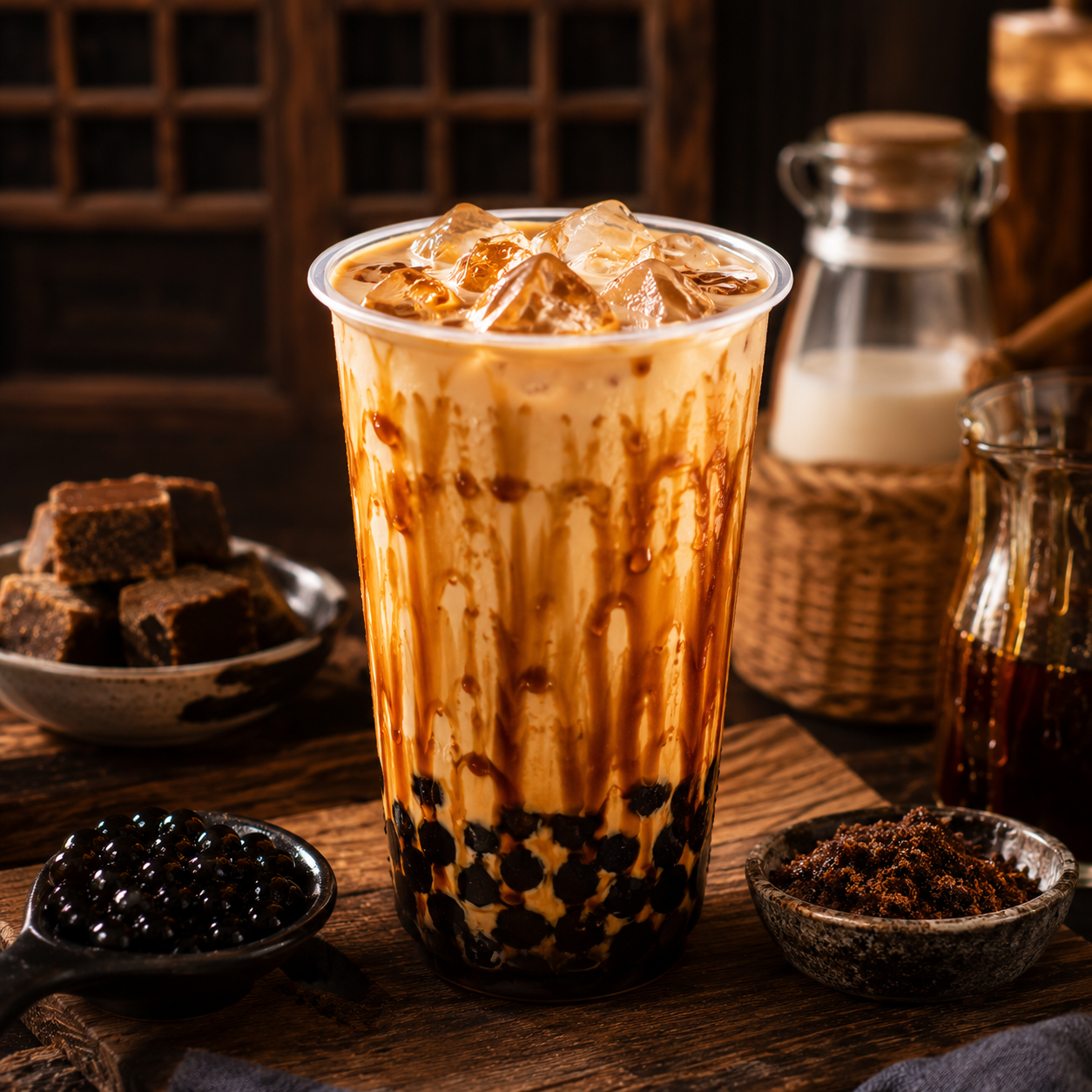 Brown sugar bubble milk tea made with Watercome premium tapioca pearls, featuring creamy milk tea, chewy boba, caramelized brown sugar syrup, and ice for authentic Taiwanese bubble tea