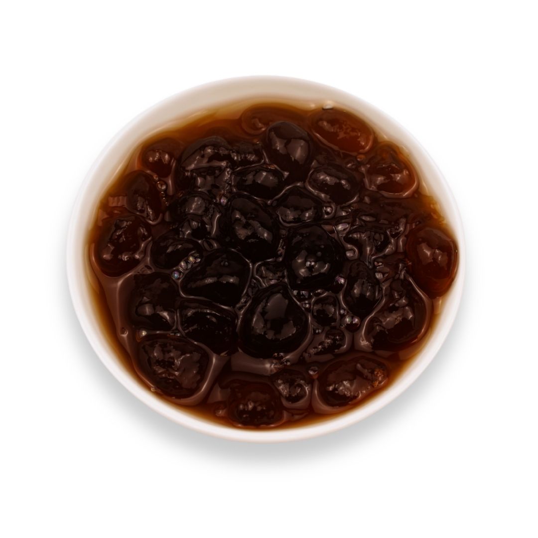 Watercome Brown Sugar Crystal Boba pearls featuring chewy translucent crystal pearls infused with rich brown sugar syrup, ideal for bubble tea, milk tea, desserts, shaved ice, and specialty drinks