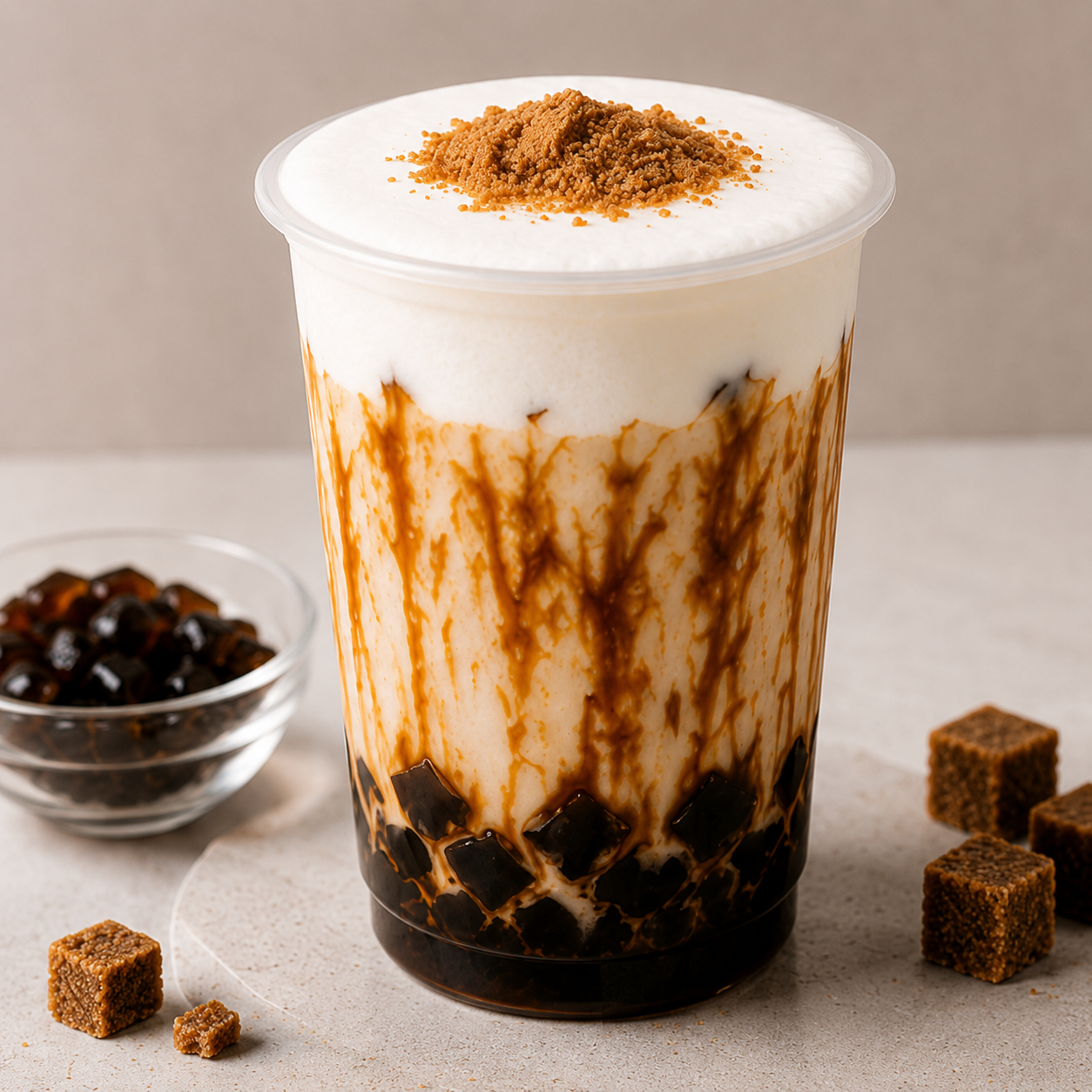 Creamy brown sugar milk tea topped with Brown Sugar Crystal Boba, brown sugar syrup, and milk foam, perfect for bubble tea shops, cafés, and specialty beverage menus.