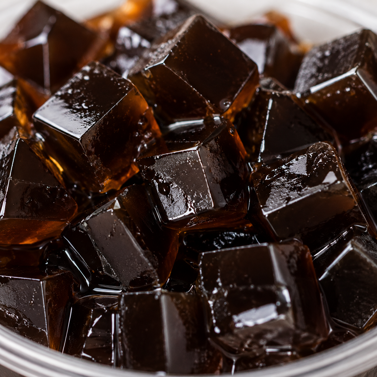Close-up of Brown Sugar Crystal Jelly highlighting glossy chewy jelly cubes coated in rich caramelized brown sugar syrup for bubble tea and dessert applications.