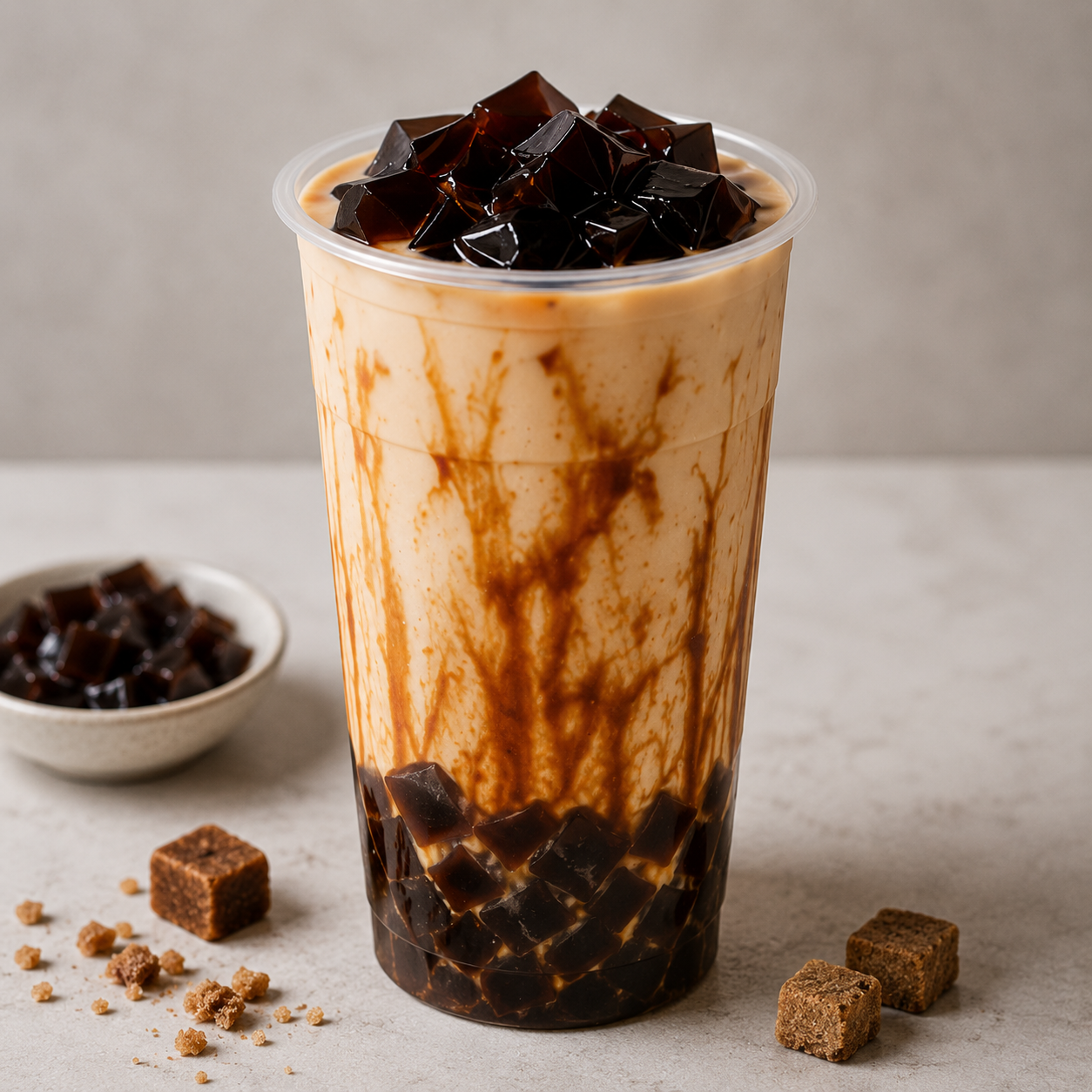 Creamy brown sugar milk tea topped with Brown Sugar Crystal Jelly, brown sugar syrup, and chewy jelly cubes, ideal for bubble tea shops, cafés, and specialty beverage menus.