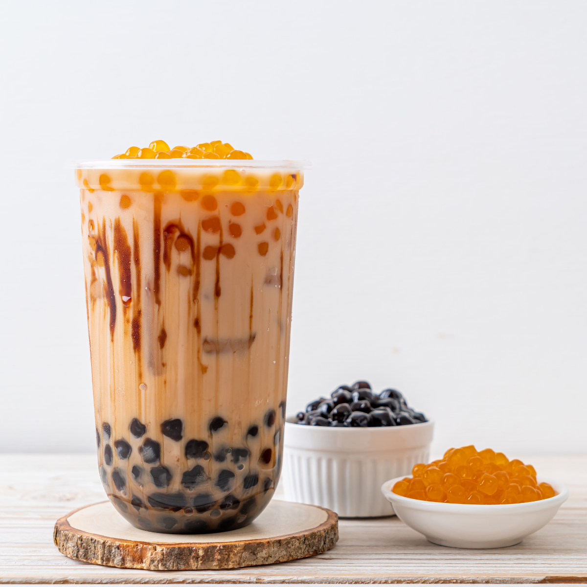 brown sugar milk tea with tapioca pearls and caramel swirl
