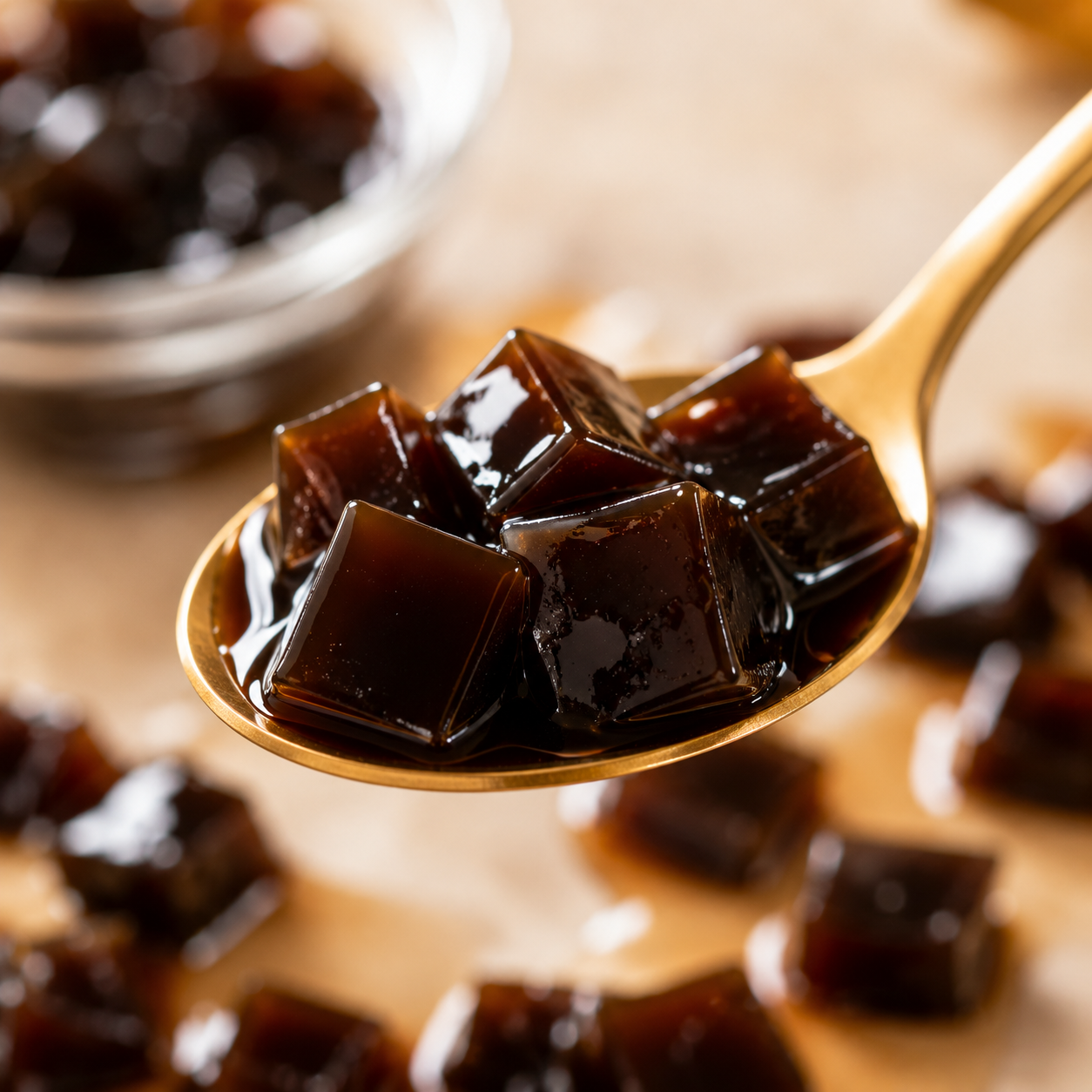 Close-up of Watercome coffee crystal jelly cubes with smooth chewy texture for bubble tea and coffee drinks