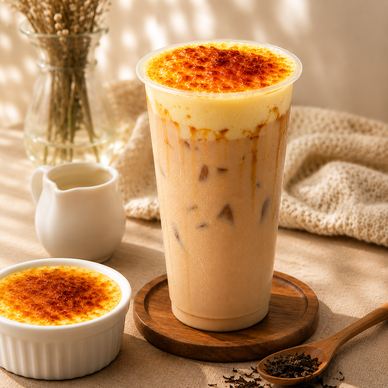 Crème brûlée bubble tea made with Watercome crème brûlée powder featuring a rich caramelized topping