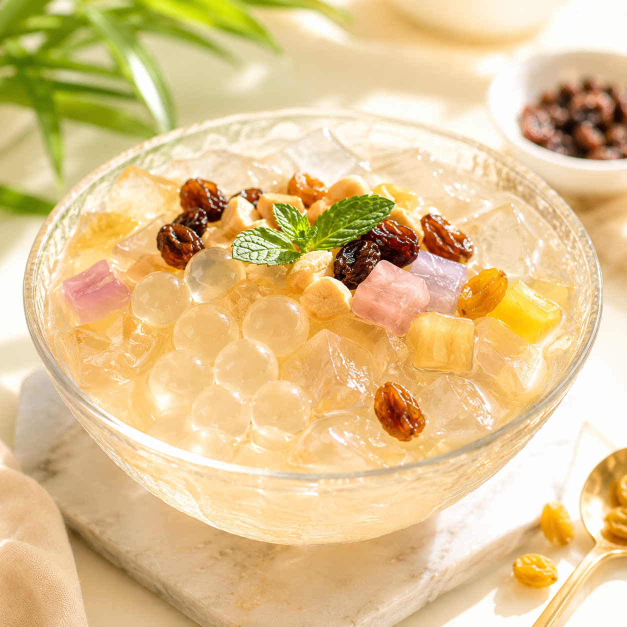 Watercome crystal boba served with herbal jelly fruit toppings and shaved ice dessert