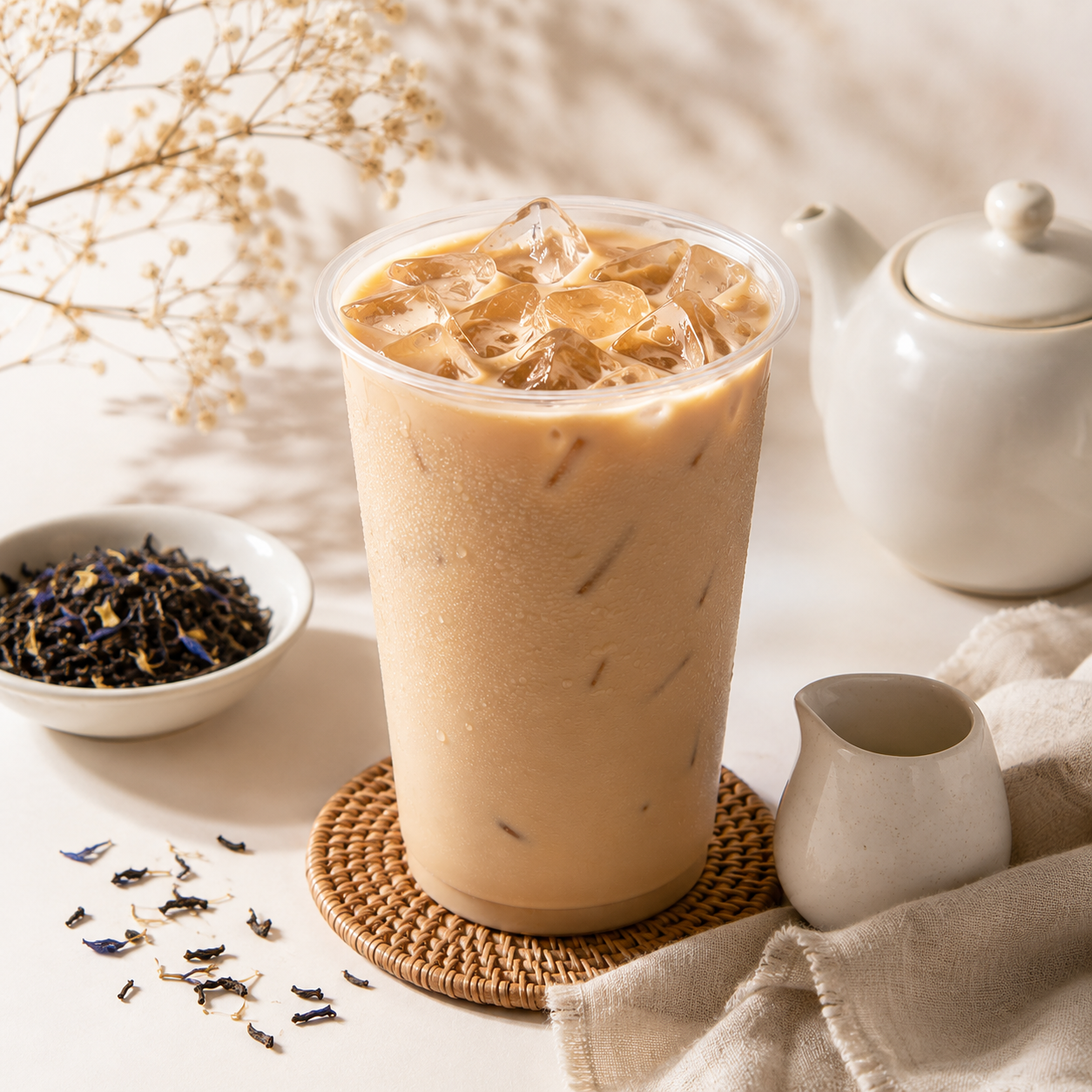 Premium Earl Grey milk tea featuring fragrant bergamot citrus notes and smooth black tea flavor in a café setting