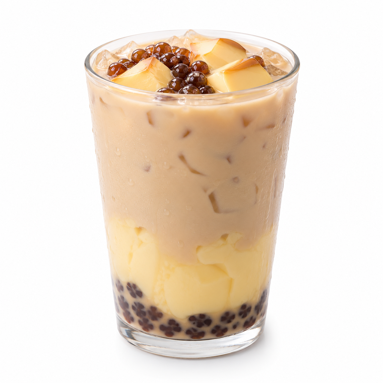 Bubble tea with egg pudding topping made using Watercome egg pudding powder and rich custard flavor