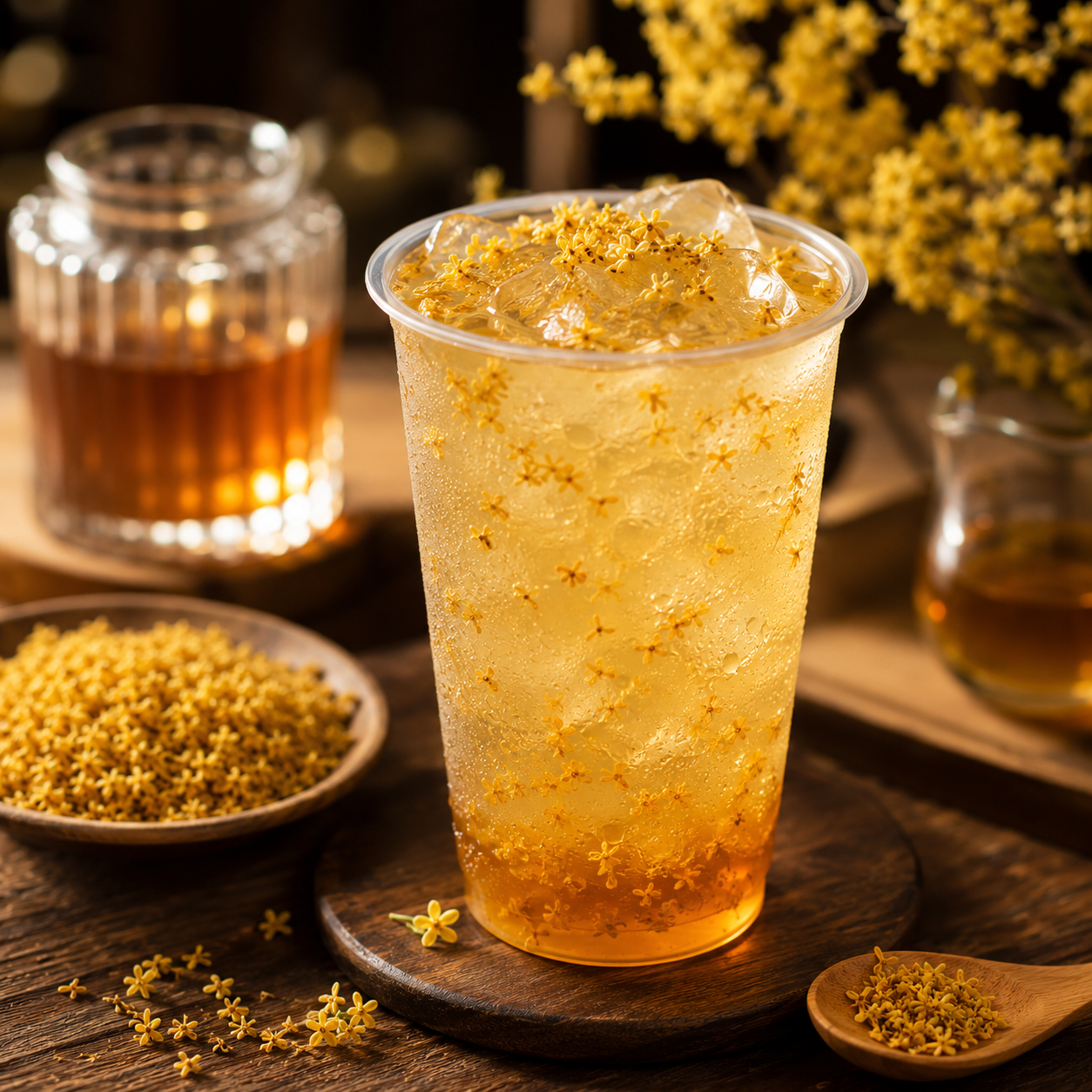 Premium osmanthus tea prepared with osmanthus syrup featuring floral fragrance subtle honey notes and smooth sweetness