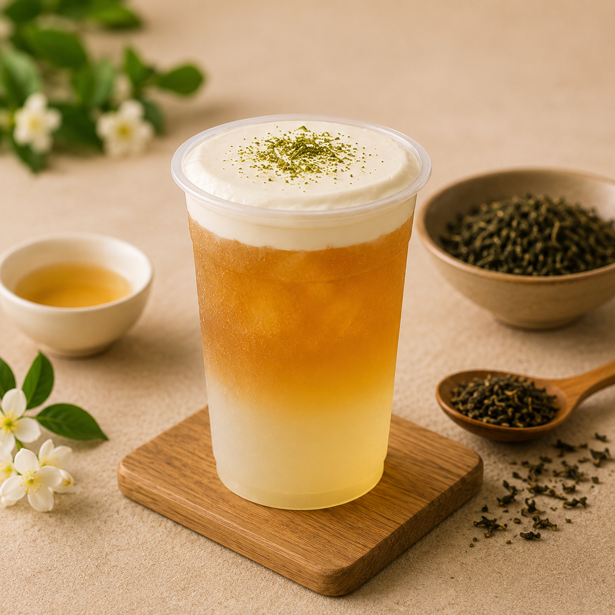 Refreshing iced Four Seasons Oolong tea topped with creamy milk foam, made using Watercome Four Seasons Oolong Tea for premium bubble tea and café beverages