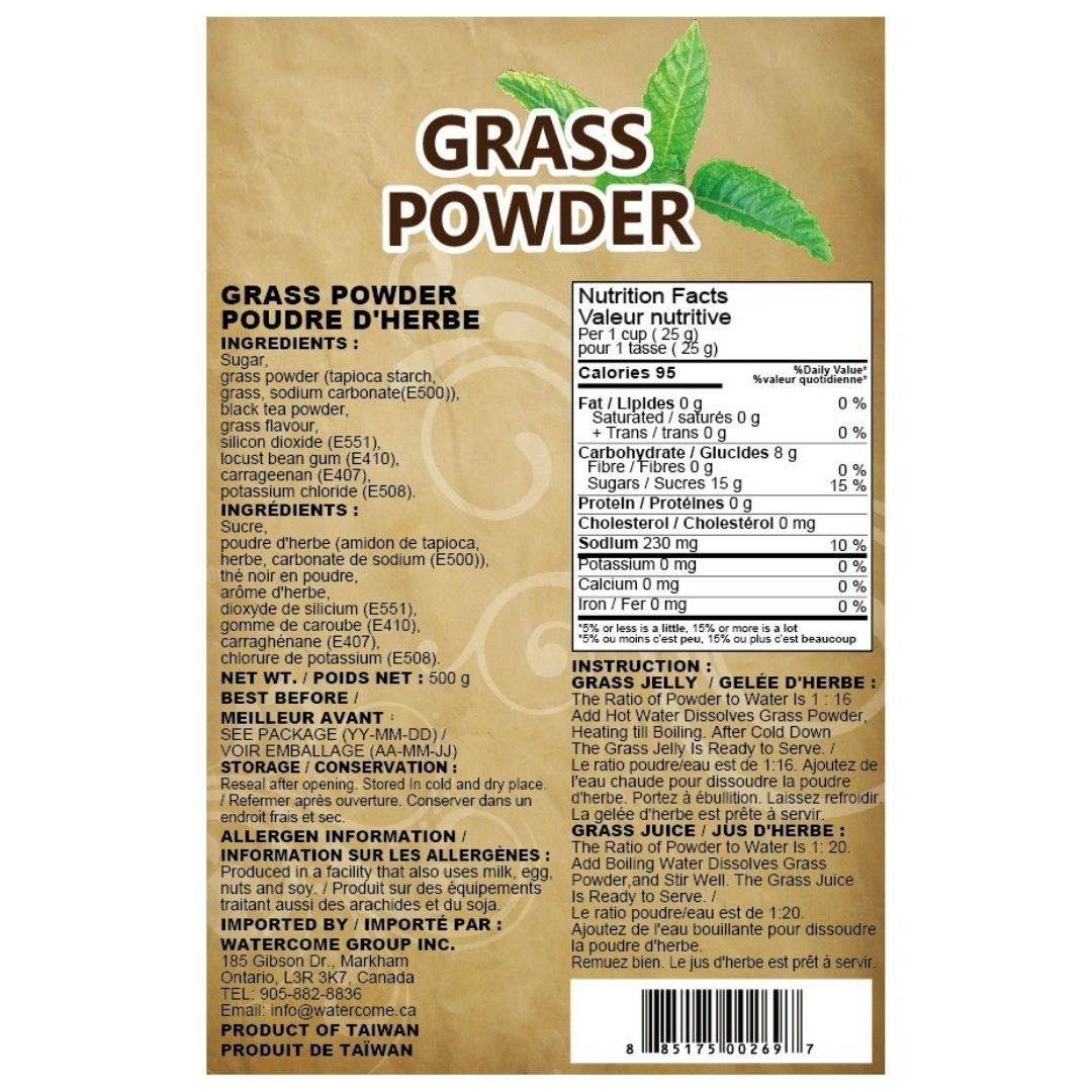 grass jelly powder ingredients and nutrition facts label showing sugar grass powder and stabilizers