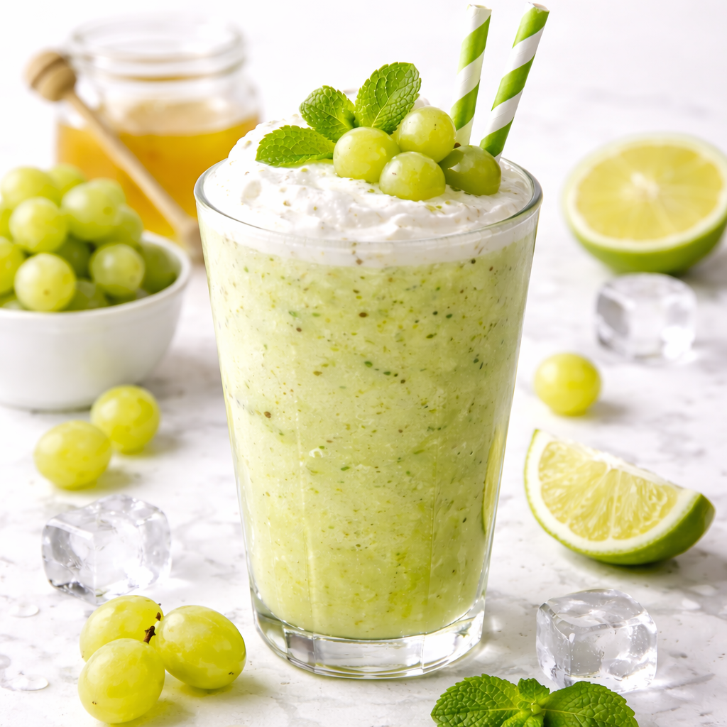 green grape smoothie drink with creamy foam for dessert beverage