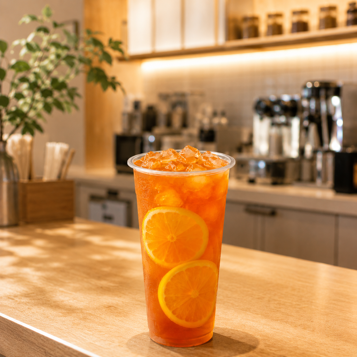 Refreshing iced Watercome Ceylon Black Tea served with fresh orange slices, offering a bold citrus-infused flavor ideal for cafés, restaurants, and bubble tea shops
