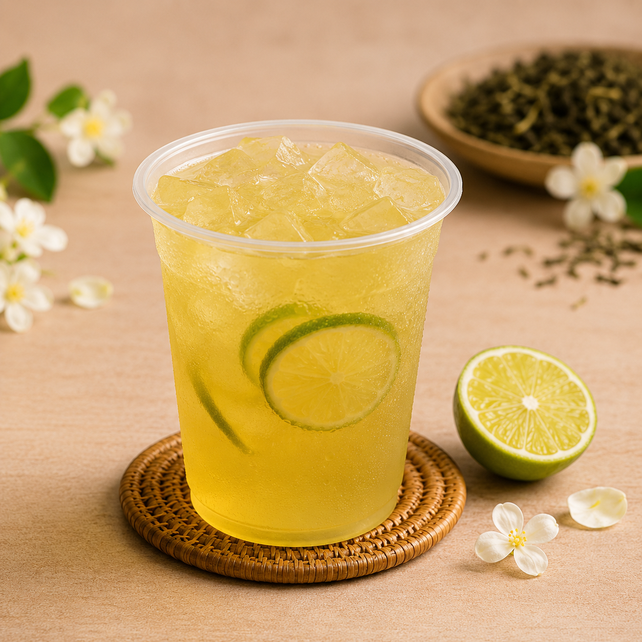 Refreshing iced Watercome Jasmine Green Tea made with premium jasmine-infused green tea, offering a crisp floral flavor for cafés, restaurants, and bubble tea menus