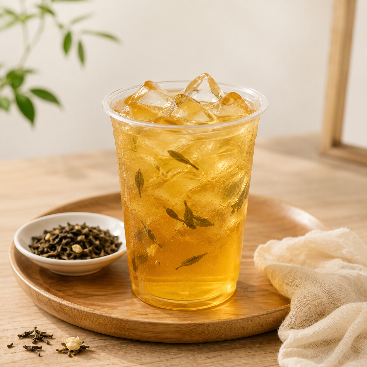 Refreshing iced Watercome Premium Jasmine Green Tea brewed with naturally scented jasmine leaves, offering a fragrant floral aroma and smooth finish for cafés and bubble tea shops