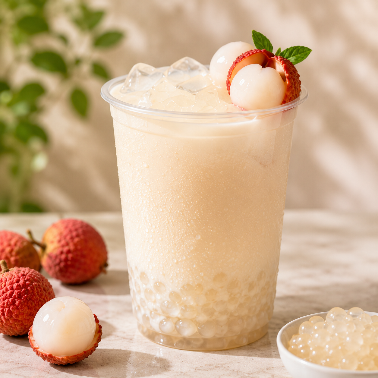 Refreshing litchi milk tea with Litchi Frubo Popping Boba, fresh lychee fruit, and juicy bursting pearls for cafés and bubble tea shops.