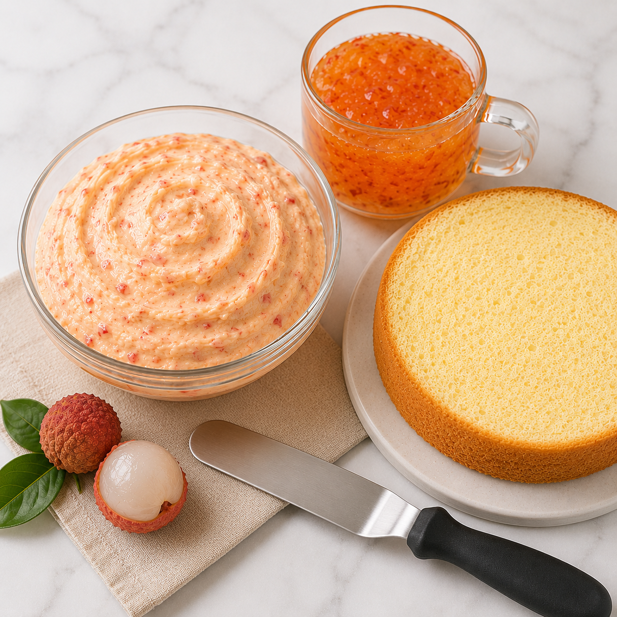 Creamy litchi frosting made with Watercome Litchi Puree for sponge cakes, pastries, cupcakes, and dessert fillings