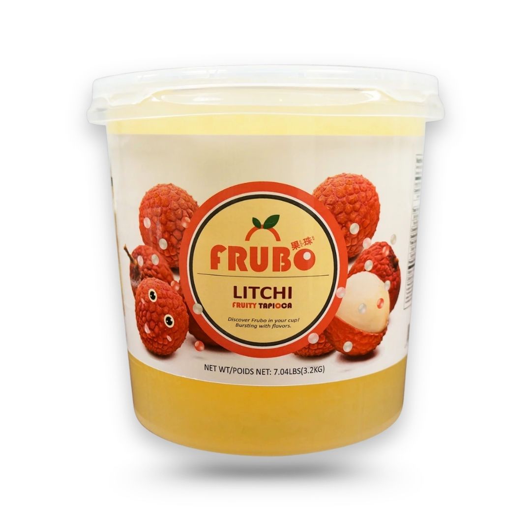 Watercome Litchi Frubo Popping Boba in a 3.2kg tub, ready-to-use juice-filled bursting pearls with authentic lychee flavor for bubble tea, fruit tea, smoothies, frozen yogurt, and desserts.