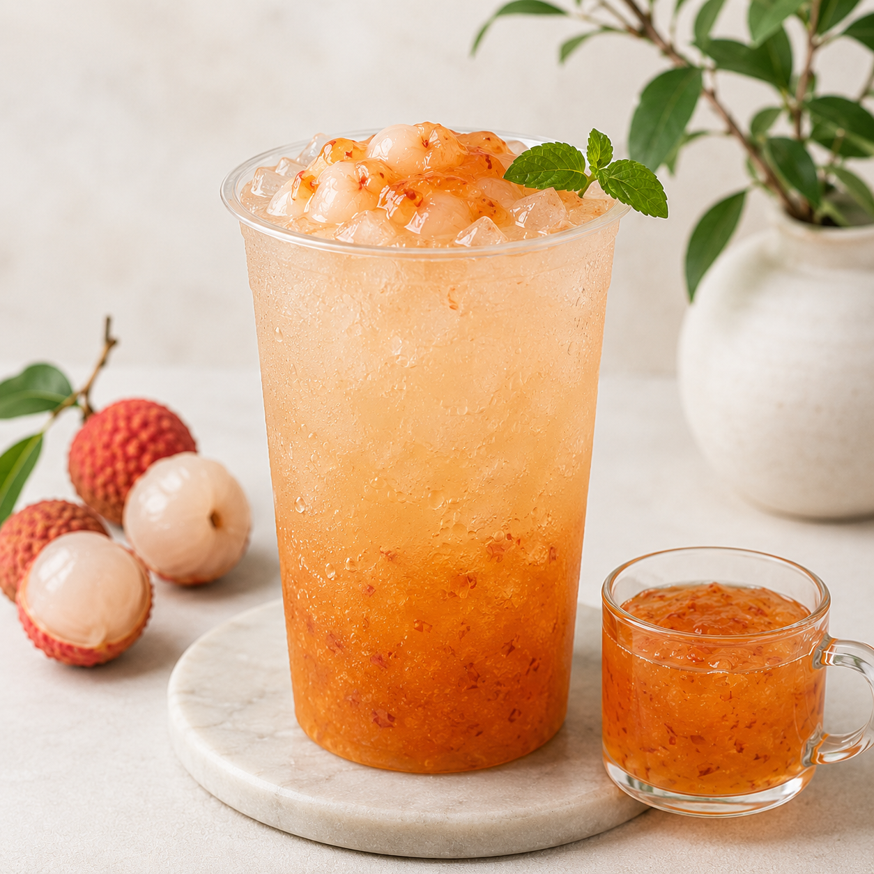 Refreshing sparkling litchi beverage made with Watercome Litchi Puree and real fruit pieces for bubble tea shops, cafés, and specialty drinks