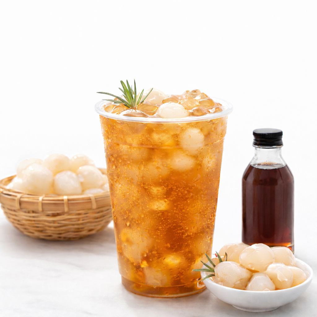 iced longan drink with fruit pieces for refreshing summer beverage