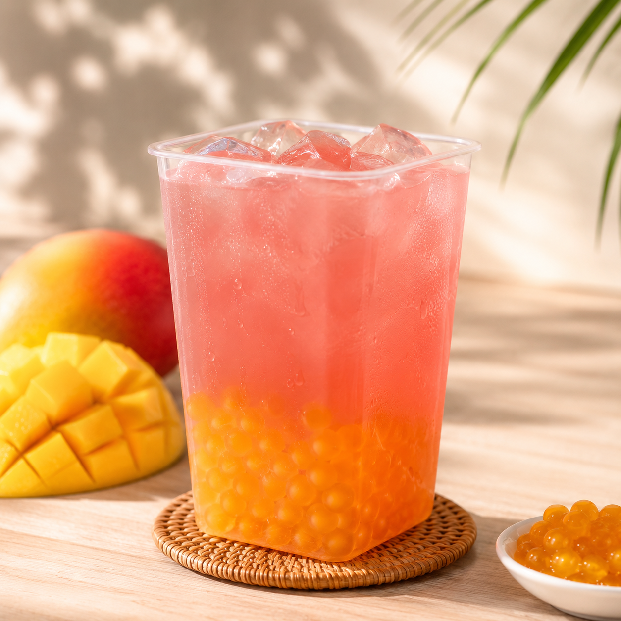 Refreshing mango fruit tea topped with Frubo Mango Popping Boba bursting juice pearls