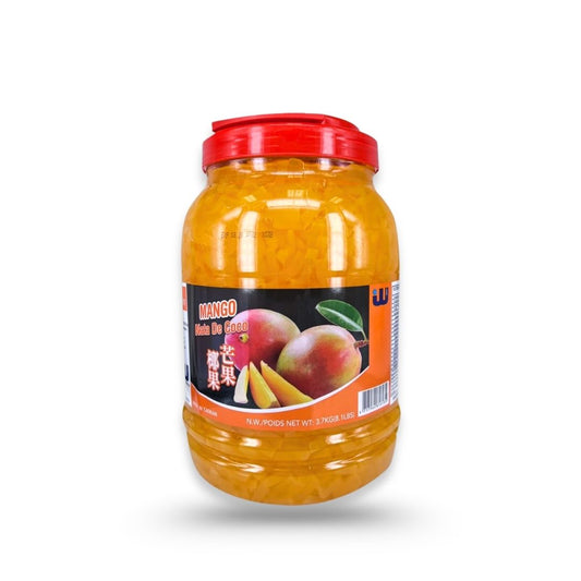 Watercome Mango Nata de Coco Jelly in jar packaging, chewy coconut jelly cubes infused with sweet tropical mango flavor, ready for bubble tea, smoothies, desserts, and frozen yogurt.