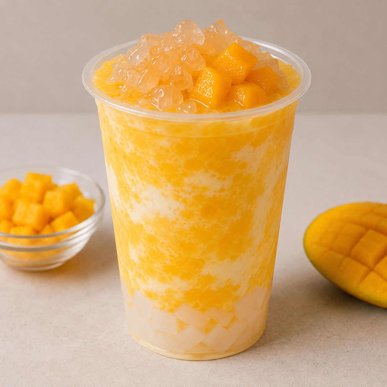 Creamy mango smoothie topped with Mango Nata de Coco Jelly, fresh mango chunks, and coconut jelly cubes, perfect for bubble tea shops, cafés, smoothie bars, and dessert menus