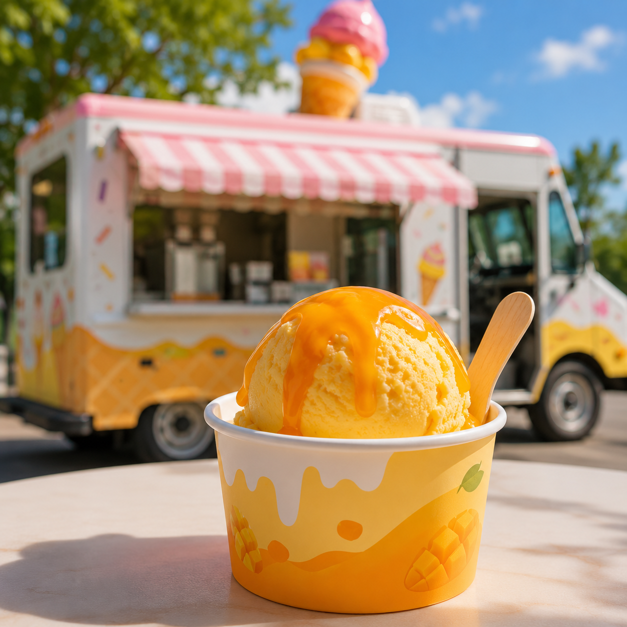 Creamy mango ice cream topped with Watercome Premium Mango Puree, creating rich tropical flavor for frozen desserts and ice cream shops.