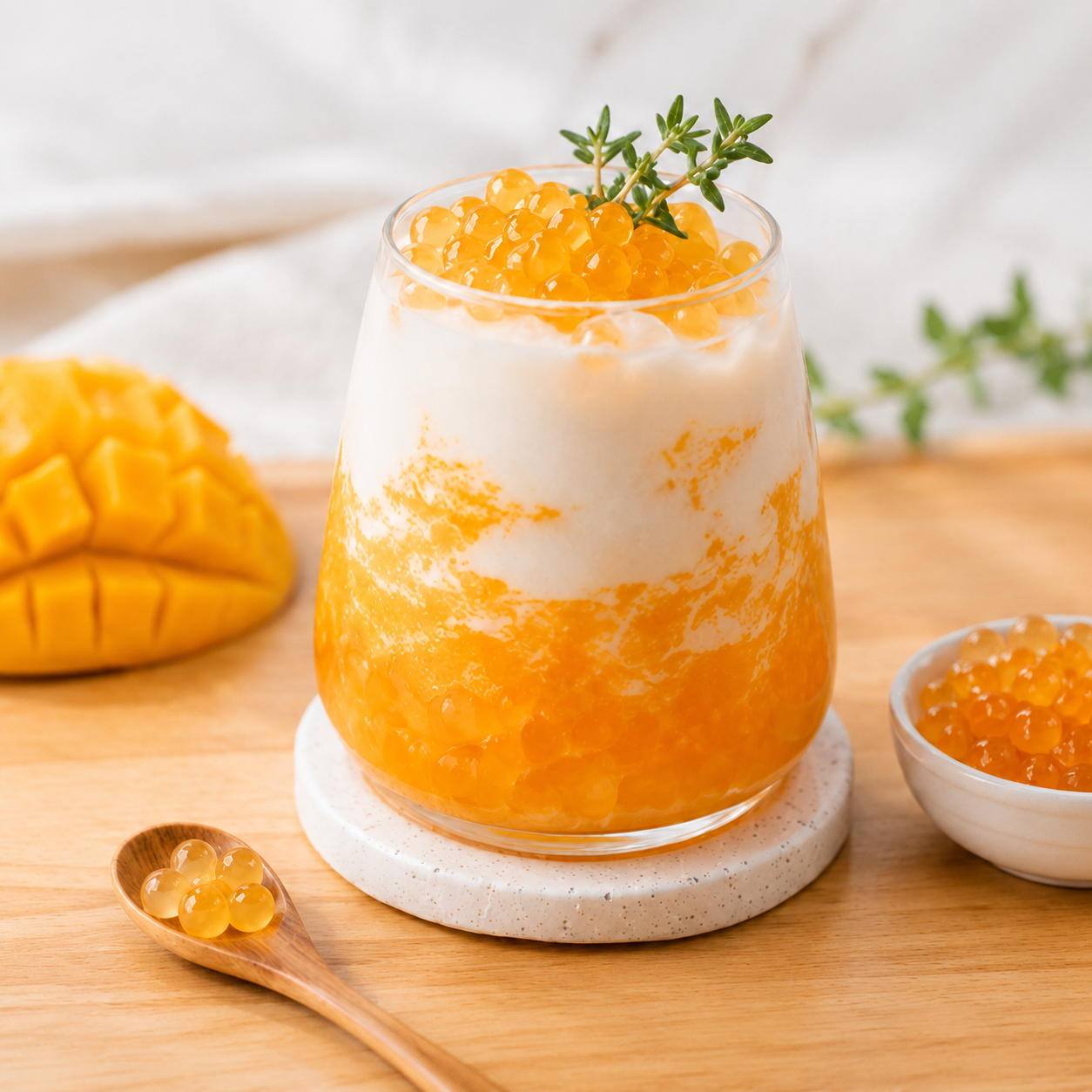 Creamy mango yogurt drink topped with Mango Crystal Boba chewy agar pearls for bubble tea and dessert beverages