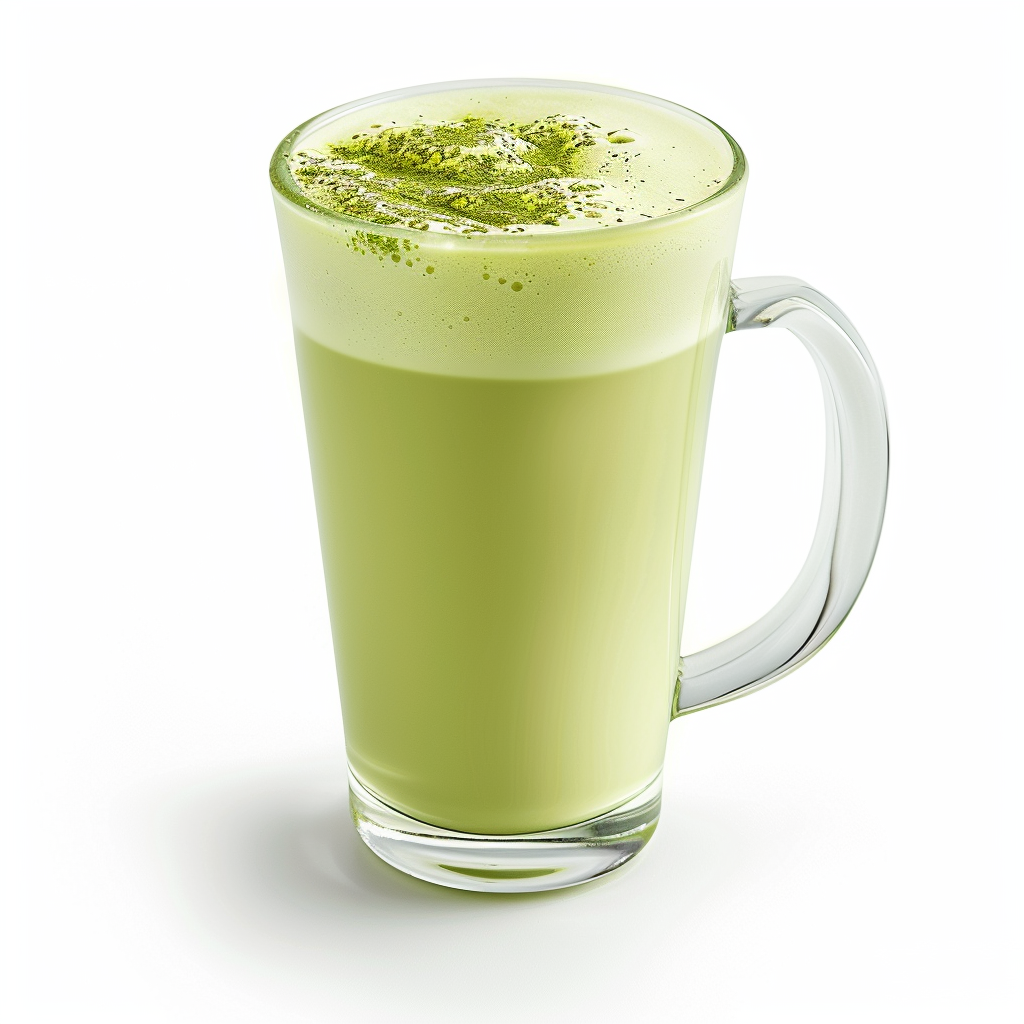 matcha latte made with matcha powder in clear glass mug for café style beverage
