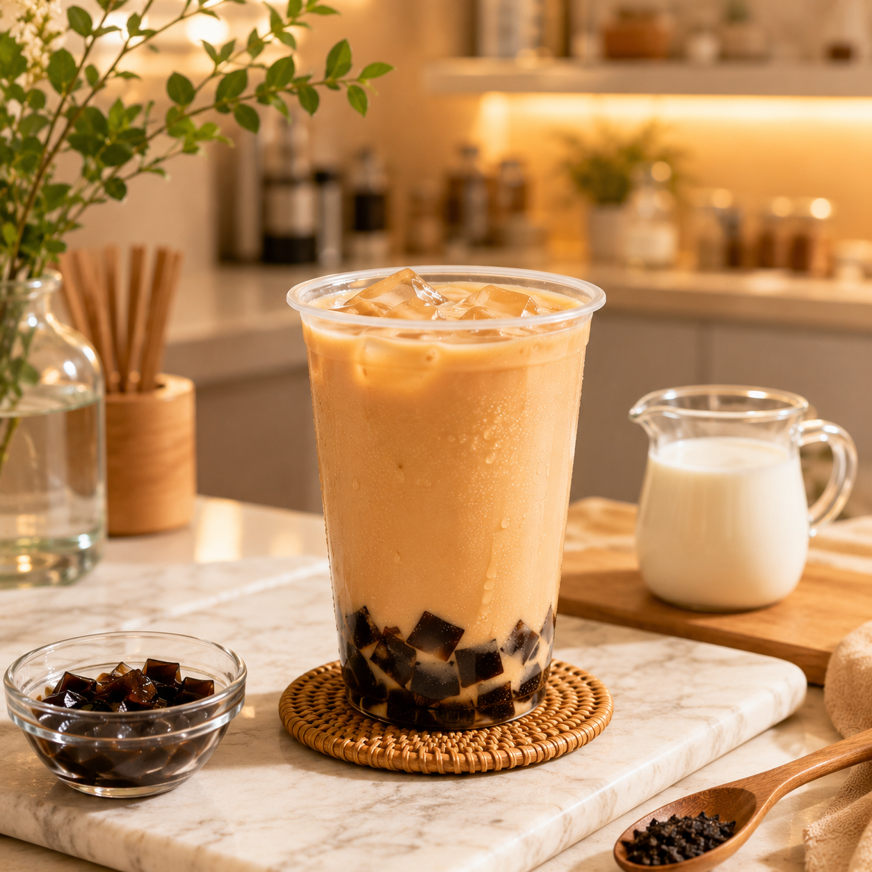 Creamy milk tea with Watercome coffee crystal jelly topping for bubble tea cafés and specialty beverages