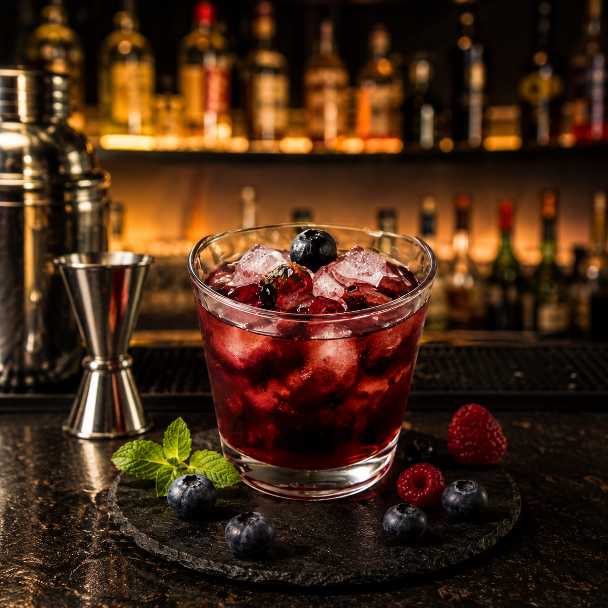 Craft berry cocktail made with Watercome Mix Berry Puree, fresh berries, and ice for bars, cafés, and signature beverage menus