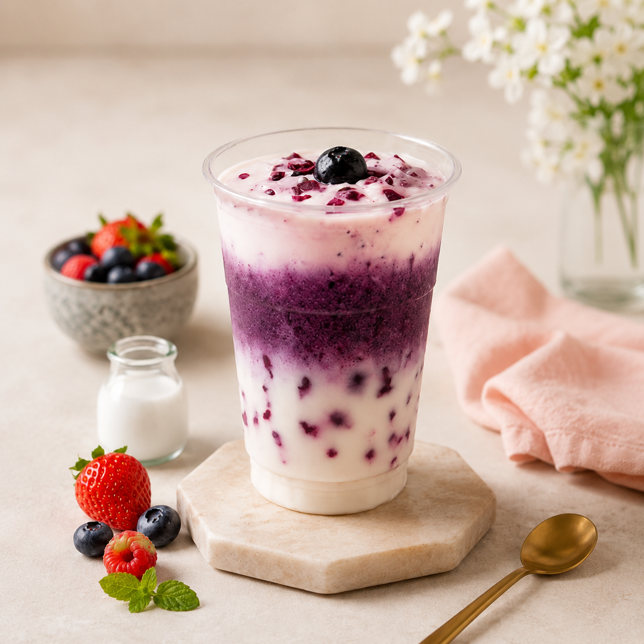 Creamy fresh milk layered with Watercome Mix Berry Puree, featuring real berry pieces for bubble tea cafés and specialty beverages