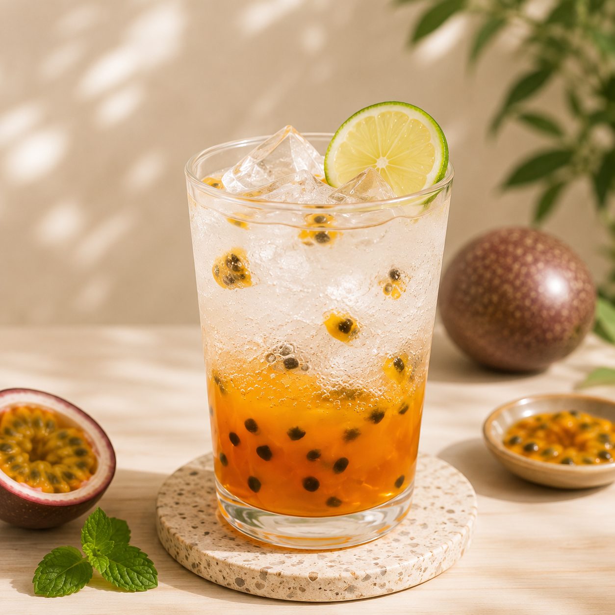Refreshing sparkling fruit drink made with Watercome Mix Fruit Puree, featuring tropical fruit pieces and passion fruit seeds for cafés, bubble tea shops, and specialty beverages
