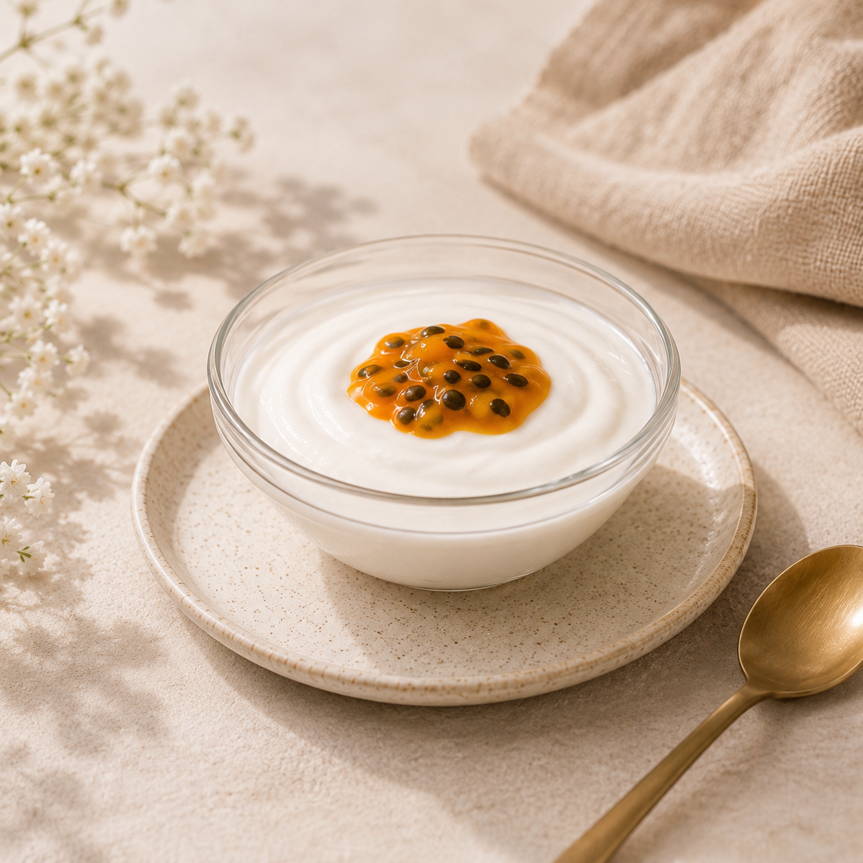 Creamy yogurt topped with Watercome Mix Fruit Puree featuring tropical fruit pieces and passion fruit for cafés, dessert shops, and breakfast menus